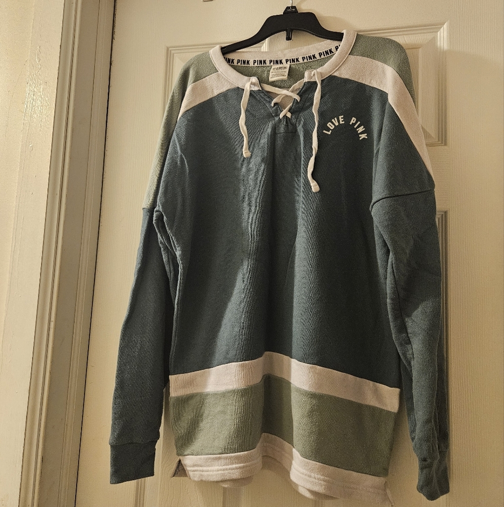 Victoria's Secret PINK Green and White Lace-Up Sweatshirt
